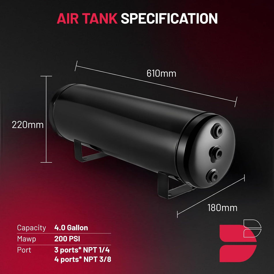 BDFHYK 4.0 Gallon Air Tank,3 Ports with 1/4-Inch NPT Thread and 4 Ports with 3/8-Inch NPT Thread,200 PSI Rated for Air Suspension System,Air Brake System,Tire Inflation,and Truck & Train Horns