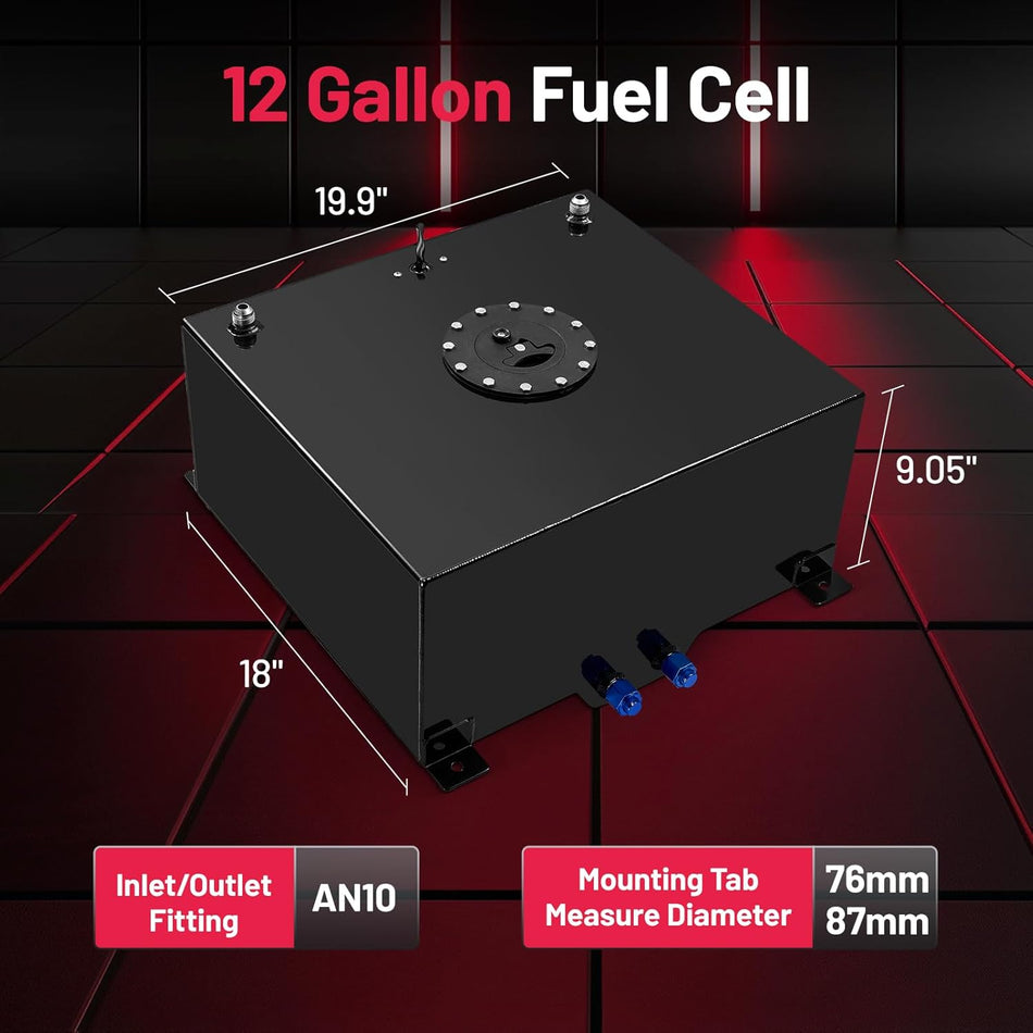BDFHYK 12 Gallon Fuel Cell Gas Tank Aluminum Polished Black with Level Sender 19.9" (L) x 18" (W) x 9.05" (H) Racing Street Drift Strip Fuel Tank Fuel Cap