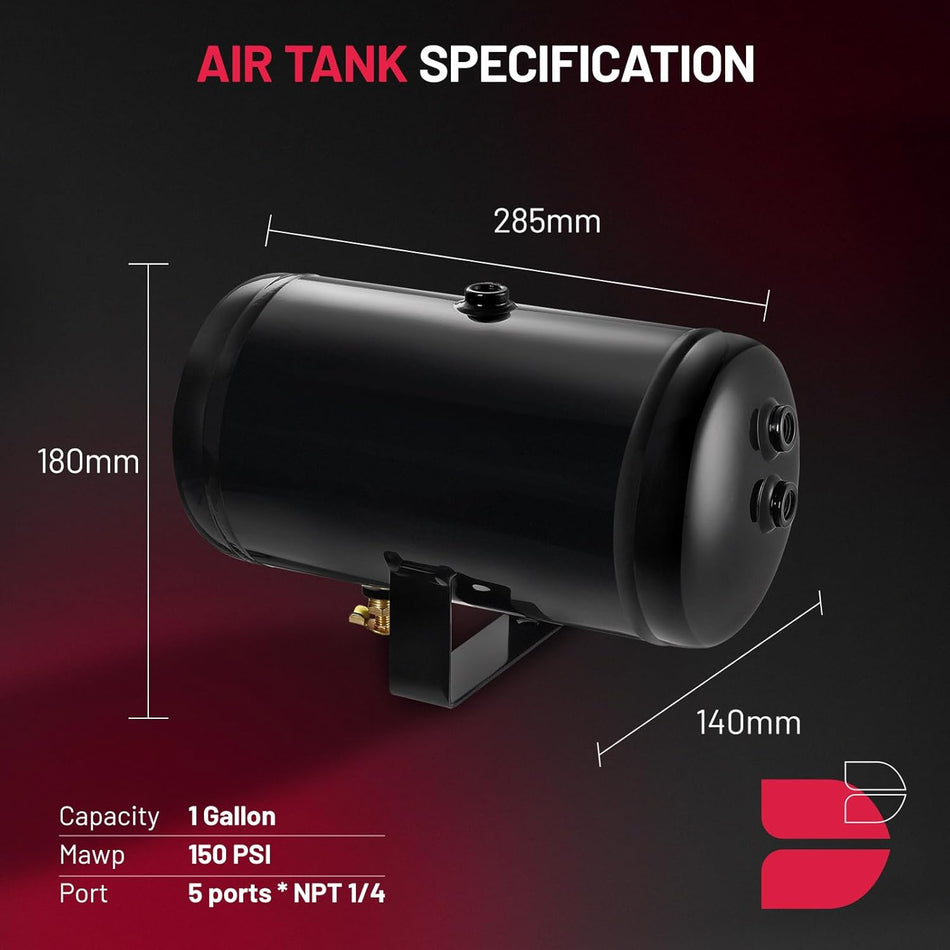 BDFHYK 1.0 Gallon Air Tank,5 Ports with 1/4-Inch NPT Thread,150 PSI Rated for Air Suspension System,Air Brake System,Tire Inflation,and Truck & Train Horns