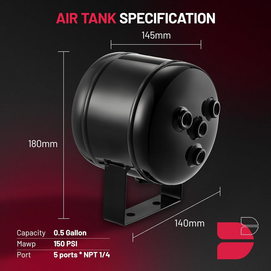 BDFHYK 0.5 Gallon Compressed Air Tank - 5 Ports with 1/4-Inch NPT Thread, 150 PSI Rated On-Board Air Tank for Air Ride Suspension, Air Brake System, Tire Inflation & Truck/Train Horns/Car