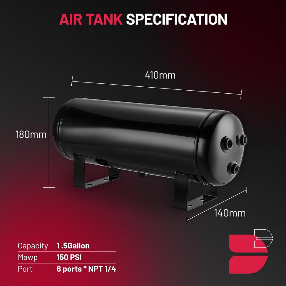 BDFHYK 1.5 Gallon Air Tank with Compressor,6 Ports with 1/4-Inch NPT Thread,150 PSI Rated for Air Suspension System,Air Brake System,Tire Inflation,and Truck & Train Horns