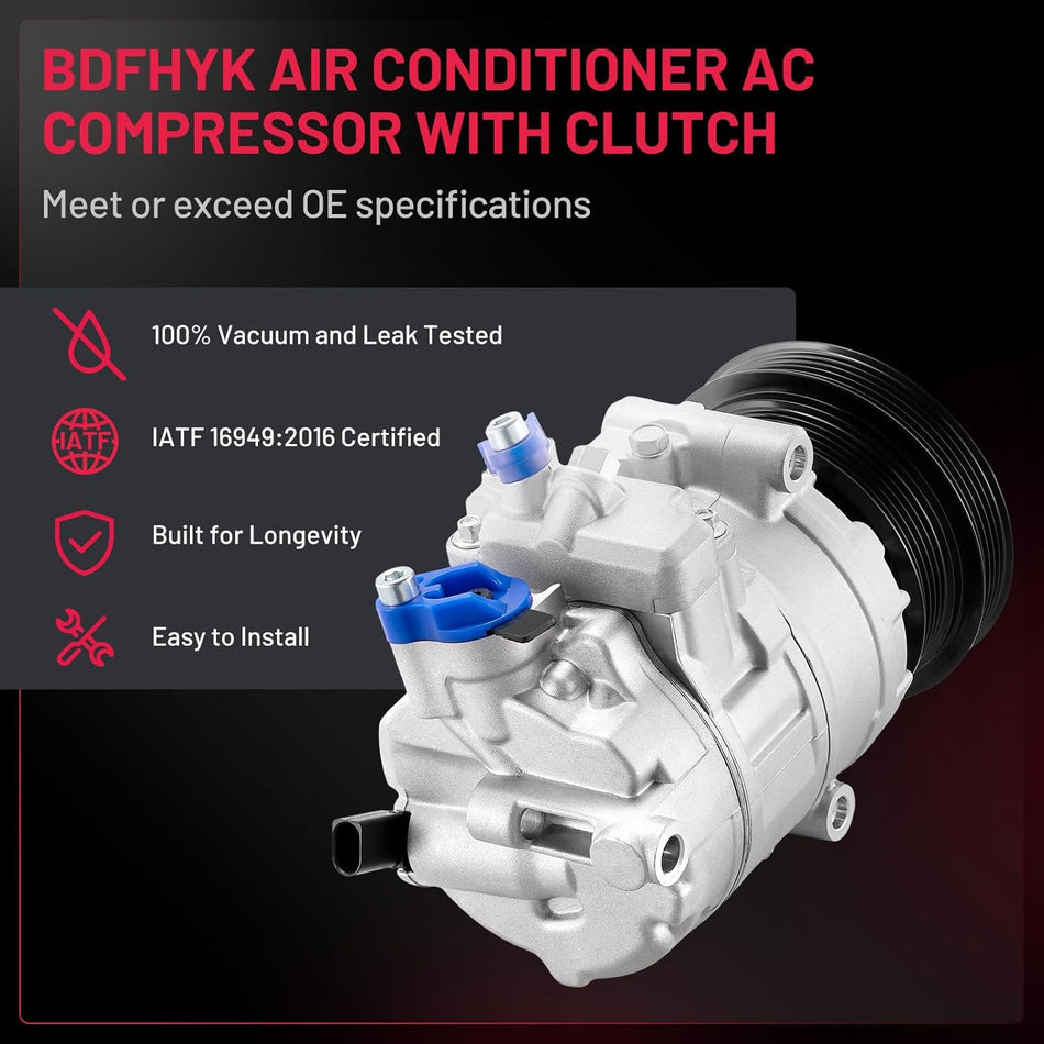 BDFHYK 198567 A/C Compressor with Clutch For Volkswagen Jetta 2005-2014, Passat 2012-2014, Golf 2010-2014, Bora Beetle Rabbit,For TT RS Quattro 2012-2013
