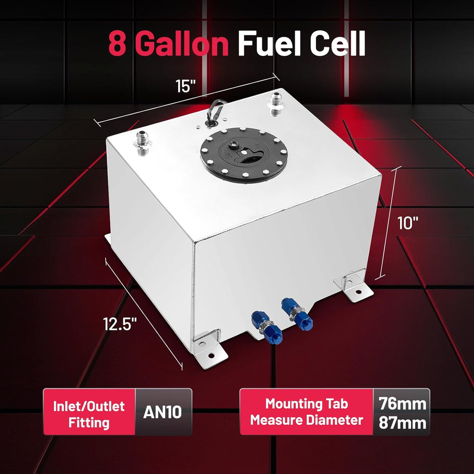 BDFHYK 8 Gallon Fuel Cell Gas Tank Aluminum Polished Sliver with Level Sender 15" (L) x 12.5" (W) x 10" (H) Racing Street Drift Strip Fuel Tank Fuel Cap