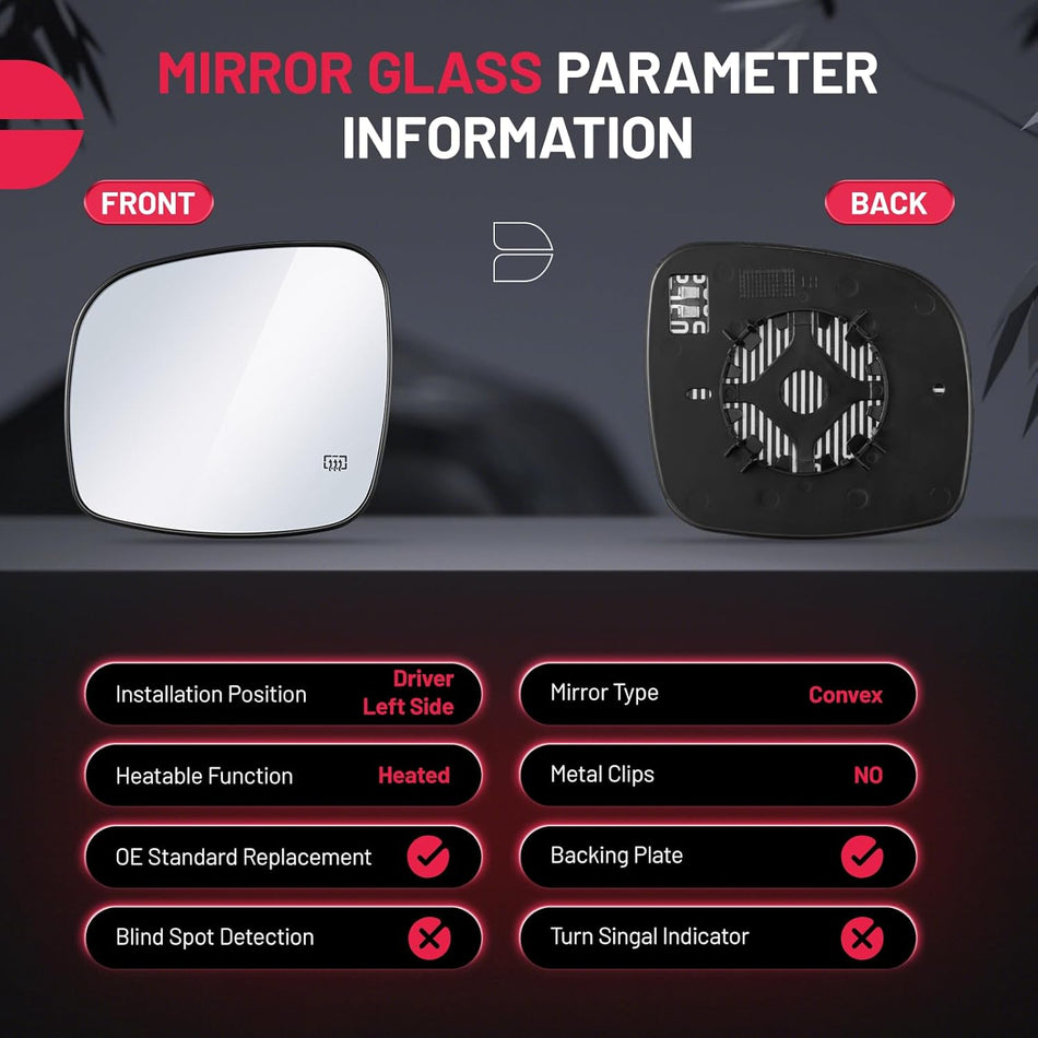 BDFHYK Mirror Glass Compatible with Chrysler Town & Country, Compatible with Dodge Grand Caravan Side View Exterior Mirror with Backing Plate, Replaces 68026177AB, Heated (Left Side)