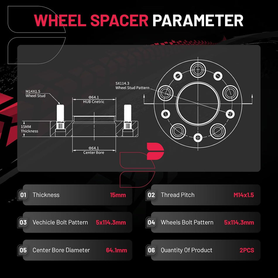 5x114.3 Hubcentric Wheel Spacers 15mm for Tesla Model 3 2017-2024 Model Y 2020-2024, M14x1.5 Studs, 64.1mm Hub Bore, Set of 2