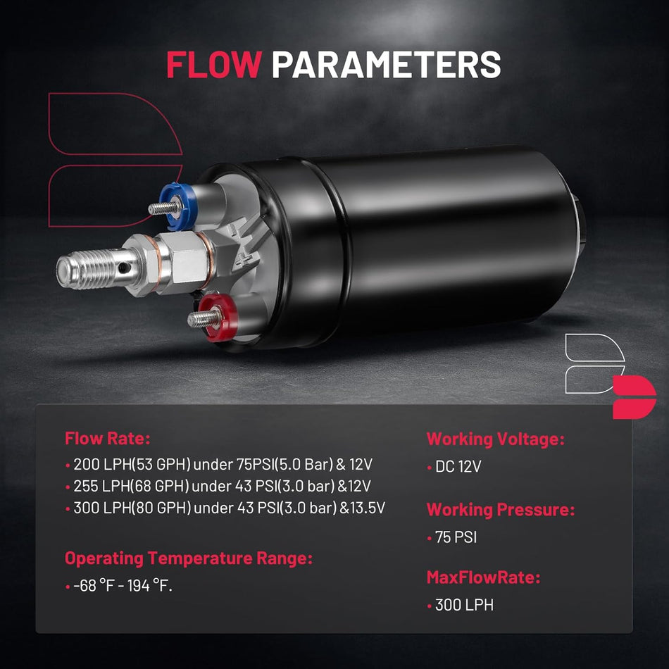 External Inline Fuel Pump Electric 300LPH High Flow 12V Aluminum Fuel Pump, 6AN / 10AN Universal for Gas/Diesel / E85