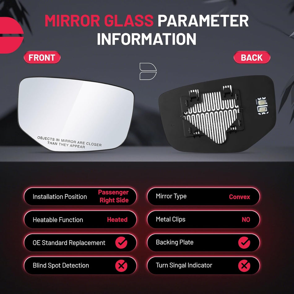 BDFHYK Mirror Glass Compatible with Honda Accord 2008-2012 Side View Exterior Mirror with Backing Plate, Replaces 76203TA0A11 HO1325111, Heated (Right Side)