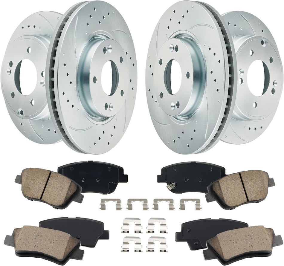 BDFHYK Front and Rear Brake Kit Compatible with Hyundai Sonata 11-14, Compatible with Kia Optima 11-15, L4 2.4L, Drilled Slotted Brakes Rotors and Ceramic Brake Pads, Replace S-31427, S-31424, D-1444