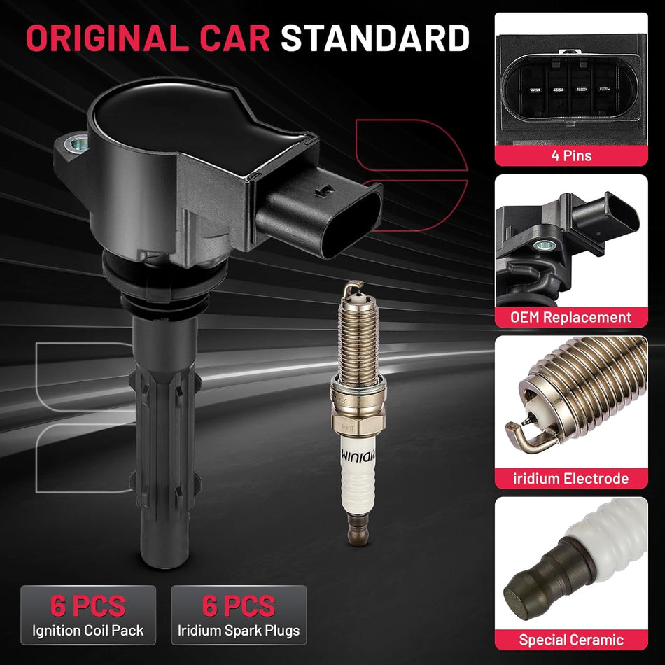 BDFHYK Ignition Coil Pack UF535 and Iridium Spark Plugs 95983 Compatible with Mercedes-Benz C230 C280 CLK350 E350 ML350 SLK280 Dodge Sprinter 3500 2.5L 3.0L 3.5L 5.5L V6, Sets of 6