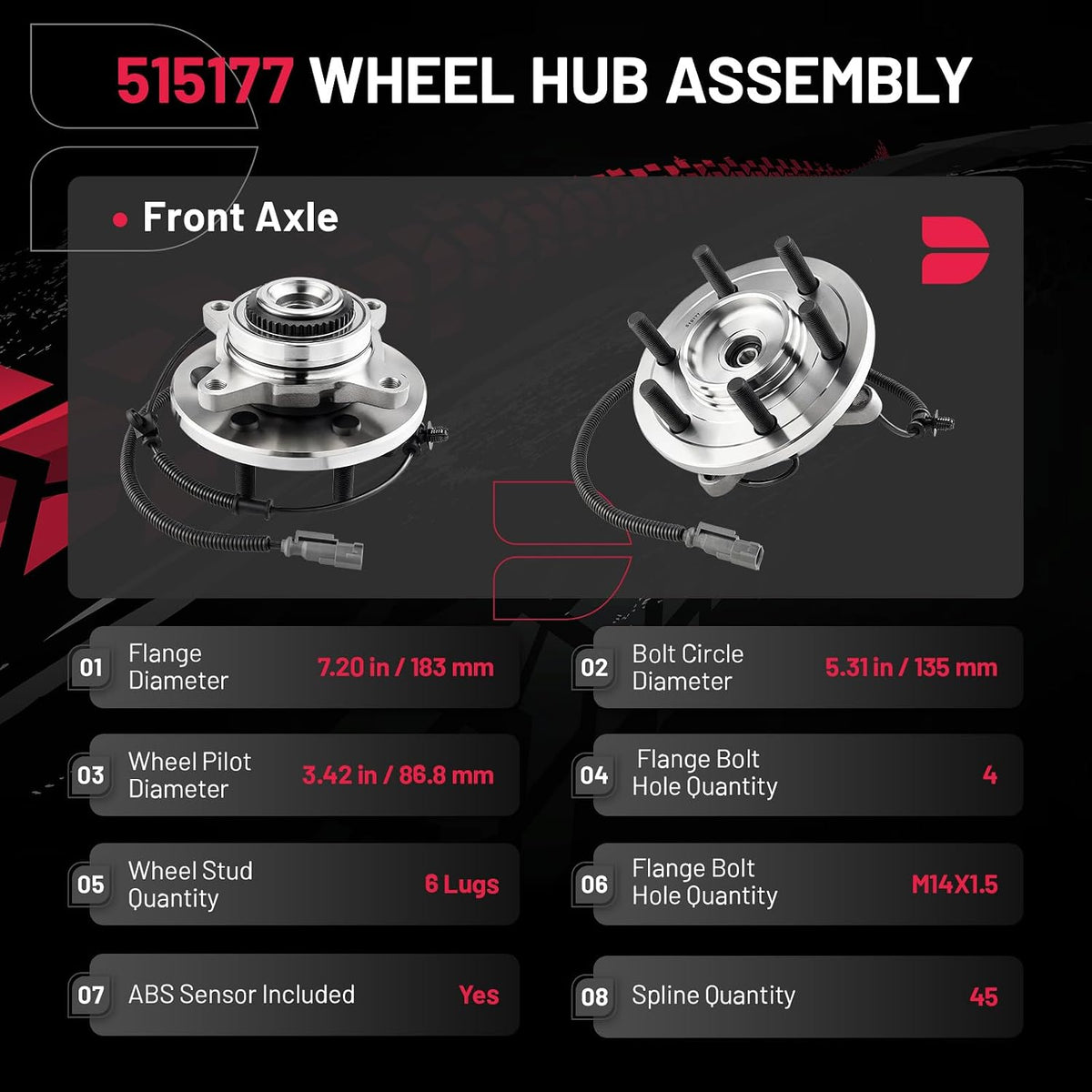 Close-up view of 515177 front wheel hub bearing with M14 x 1.5 studs