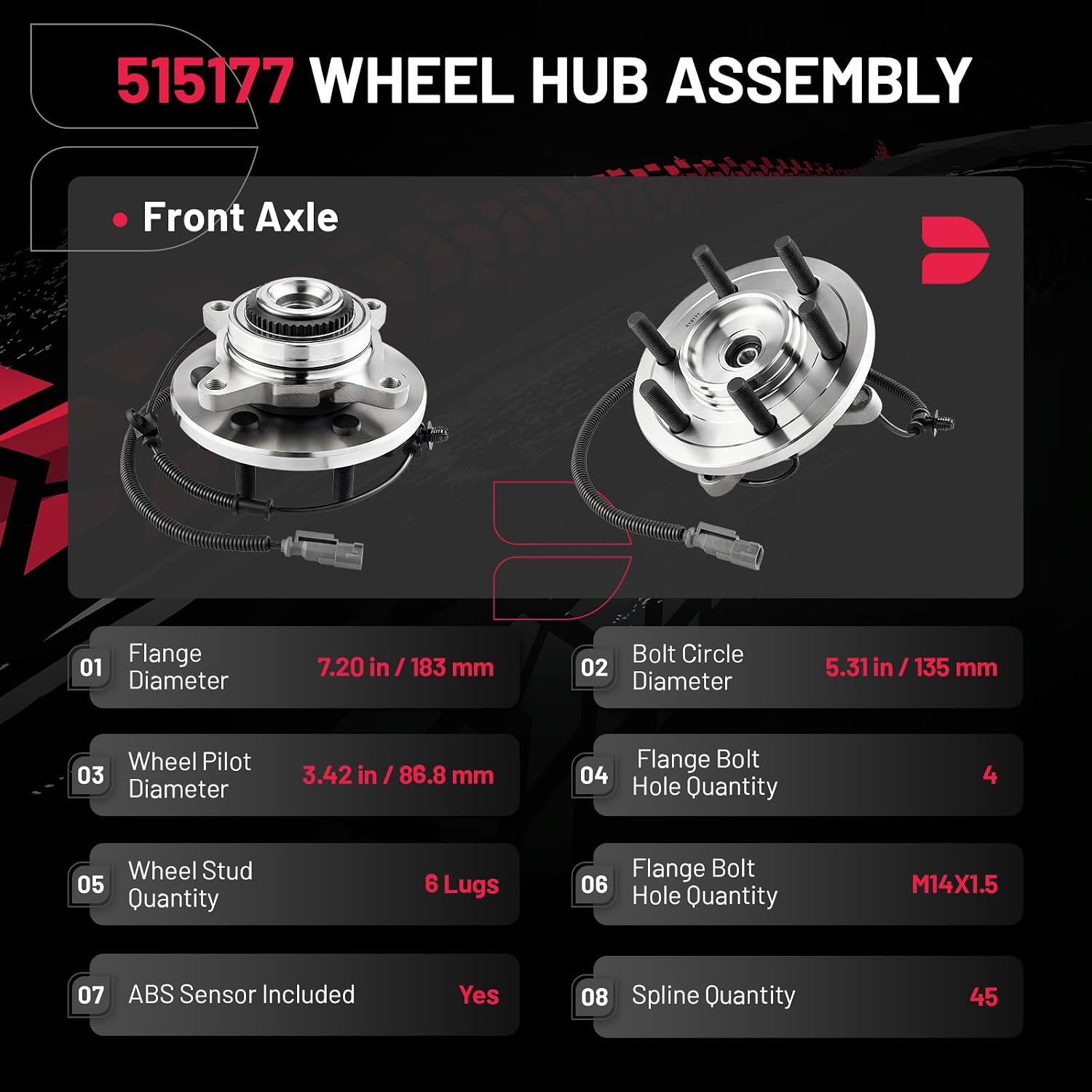 Close-up view of 515177 front wheel hub bearing with M14 x 1.5 studs
