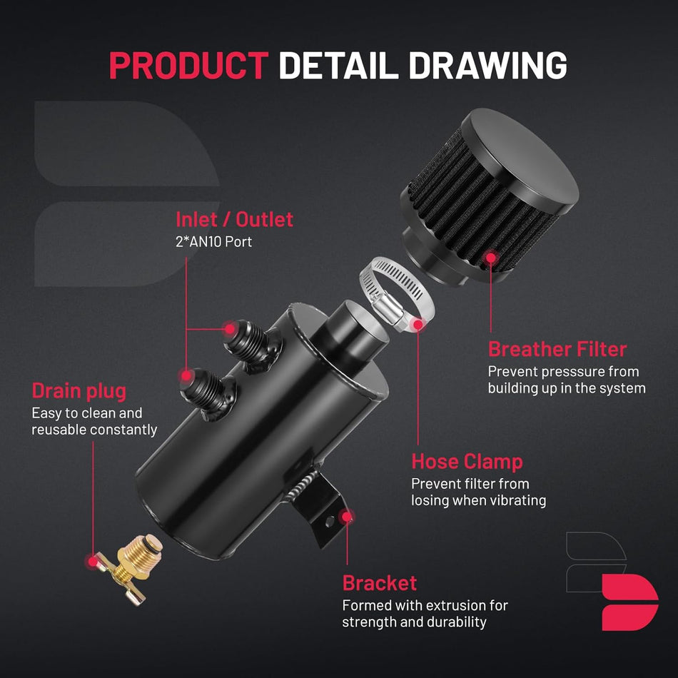 BDFHYK 750ml Oil Catch Can Tank Kit, 10AN Universal Polish Baffled Reservoir with Breather Filter and 3/8" ID Fuel Line Hose, Aluminum