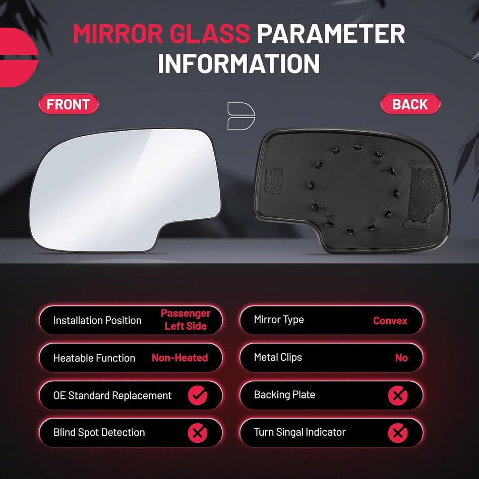 BDFHYK Mirror Glass Compatible with Silverado Suburban Tahoe Sierra Yukon 1500 Escalade, Side View Exterior Mirror with Backing Plate (Left Side)