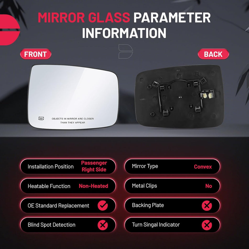 BDFHYK Mirror Glass Compatible with Dodge Ram 1500 2500 2009-2018 Side View Exterior Convex Mirror with Backing Plate, Replaces 68050298AA, 68079362AA, Heated (Right Side)