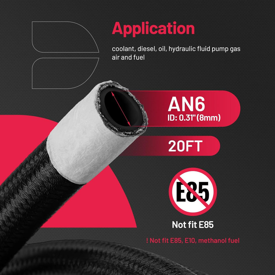 AN6 Fuel Line Kit 20FT, 3/8" ID CPE Braided Hose, LS Swap