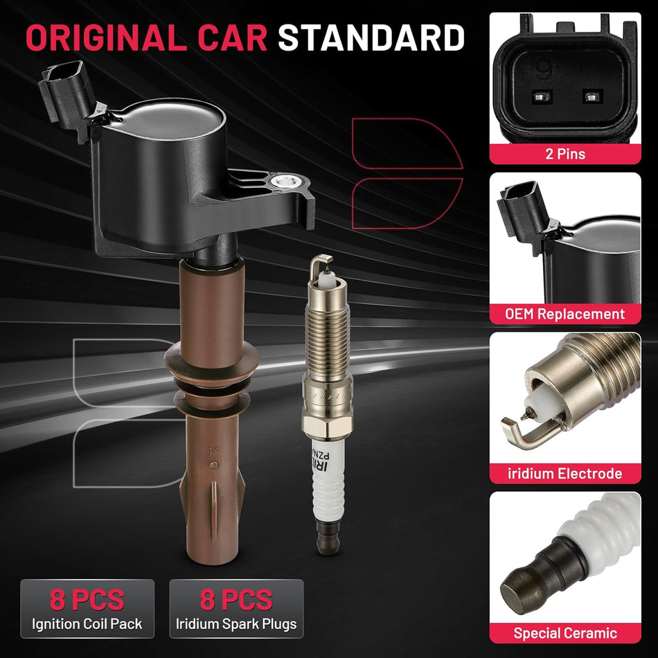 BDFHYK Ignition Coils DG521 and Iridium Spark Plug SP509 Compatible with Lincoln Mark LT Navigator Mercury F150 F250 F350 Expedition Trac Mustang V8 V10 4.6L 5.4L 6.8L Replaces IC697 Set of 8