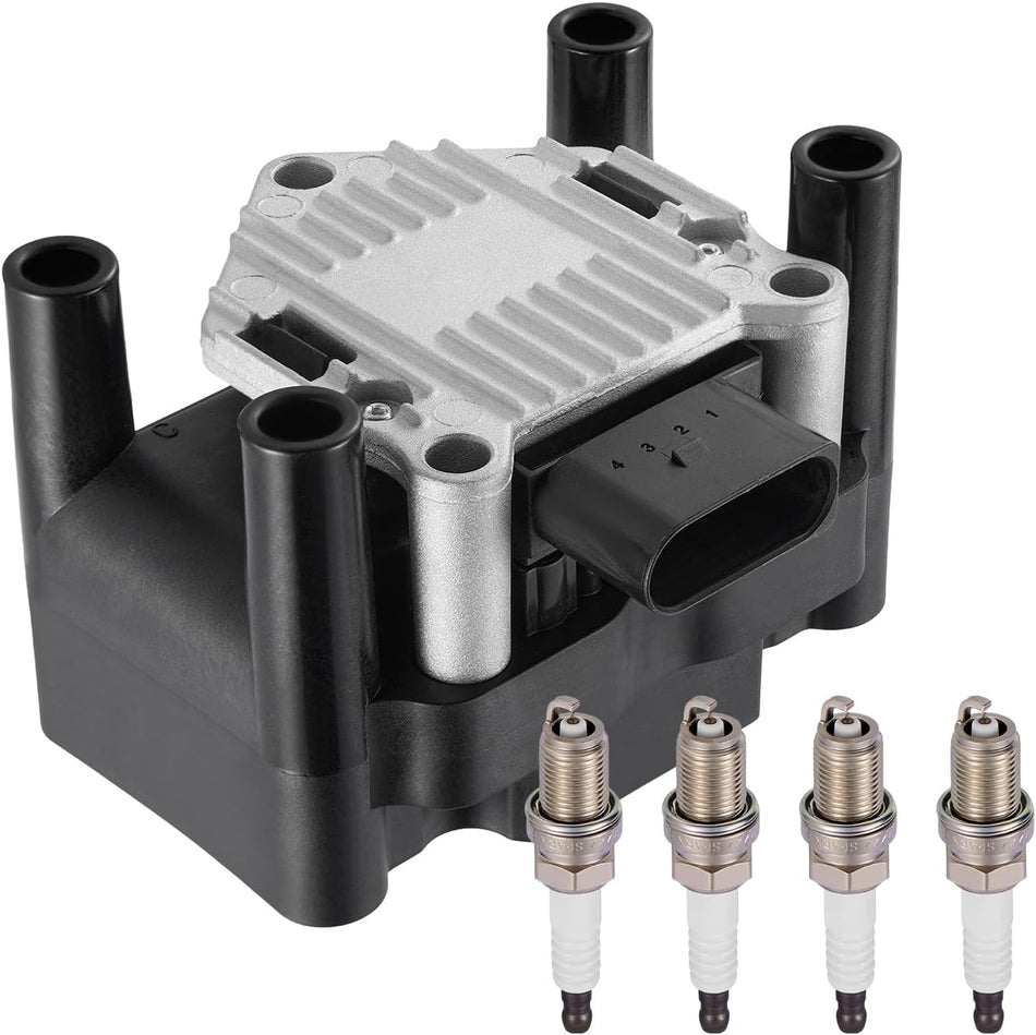 BDFHYK 1 Ignition Coil Pack UF277 and 4 Iridium Spark Plug 6418 Compatible with VW 1999-2001 Beetle, 1999-2001 Golf, 1999-2001 Jetta 2.0L l4 Coil for 032905106 032905106B