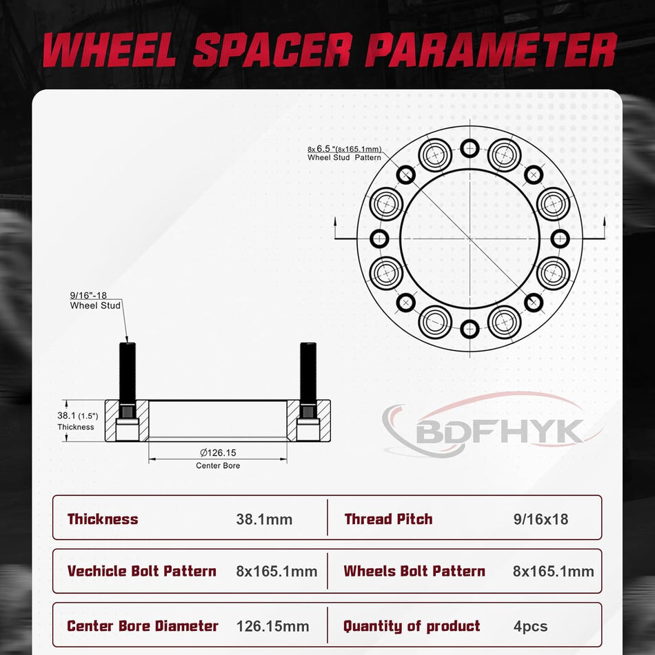 8x165.1 Wheel Spacers 1.5 Inch for Dodge Ram 2500 3500 Ford F250 F350 E250 E350, 9/16-18 Studs, 126mm Hub Bore, Set of 4