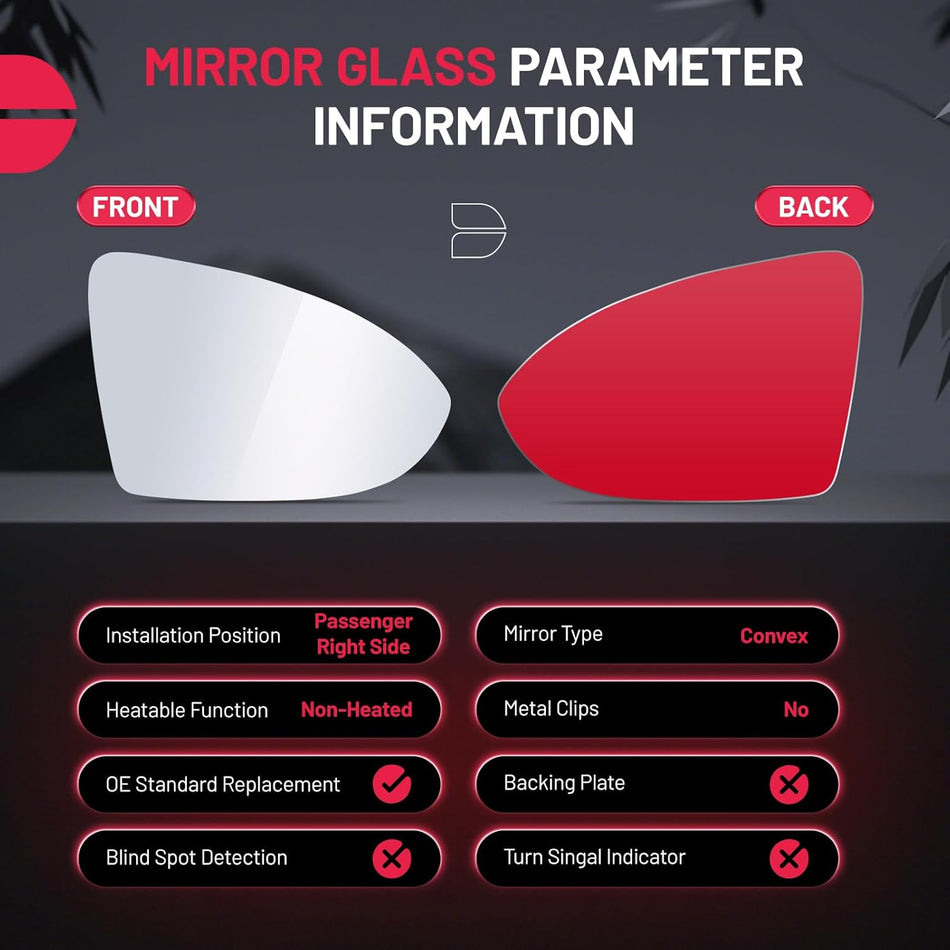 BDFHYK Mirror Glass - Compatible With VW e-Golf, Golf R, Jetta & More - Convex Rear View Mirror (Right Side)