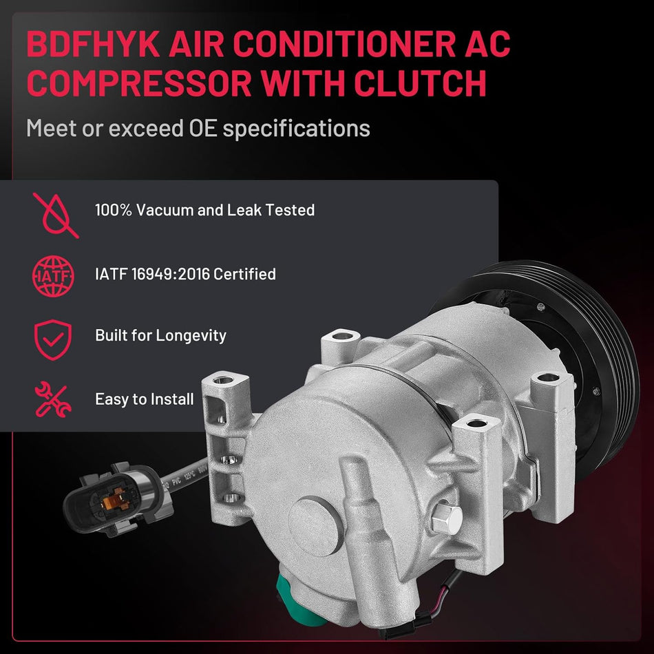 BDFHYK 178324 A/C Compressor with Clutch For Hyundai Accent 2012-2017 L4 1.6L, Kia Rio 2012-2017 L4 1.6L