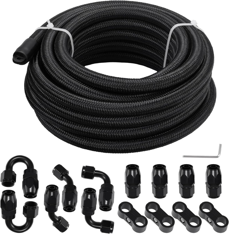 BDFHYK 6AN Fuel Line Kit, AN6 CPE Fitting Kit, Ls Swap Fuel line kit, 20FT Nylon Stainless Steel Braided Fuel Hose(3/8" ID)
