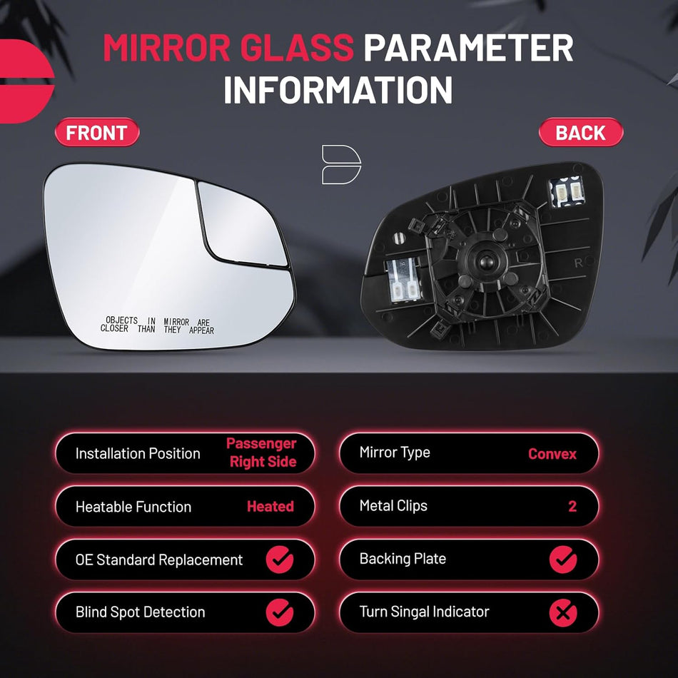 BDFHYK Mirror Glass Compatible with Toyota RAV4 2016-2018 Side View Exterior Mirror with Backing Plate, Replaces 87931-42D50 8793142D50, Heated (Right Side)