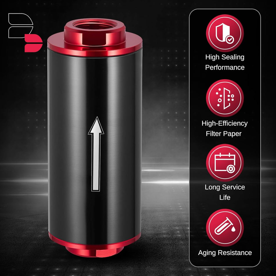 Inline Fuel Filter 100 Micron with 6AN 8AN 10AN Adapter & Bracket Clamp 50MM Universal, Aluminum High Flow Fuel Filter for EFI, LS Engine, Diesel Red