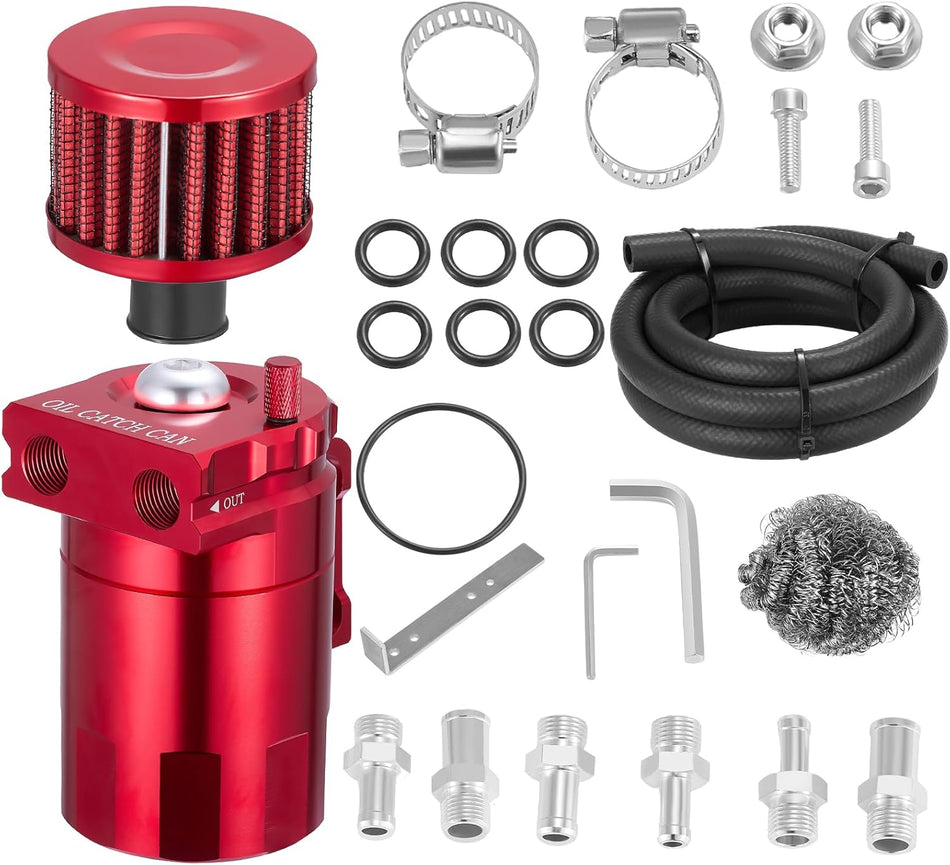 BDFHYK Oil Catch Can Kit, 300ML Baffled Oil Can with Breather Filter, Universal Catch Can Kit with 5FT 3/8" ID NBR Fuel Line Hose for PCV System Red