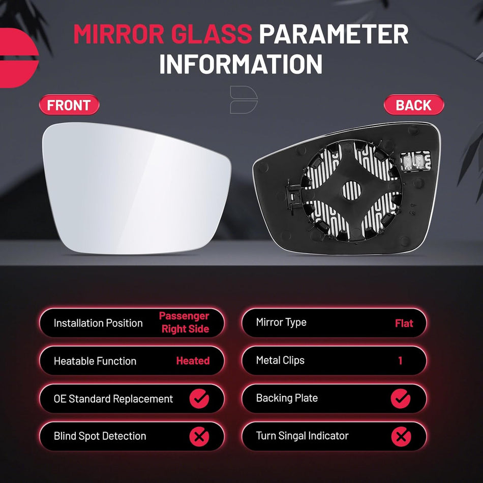 BDFHYK Mirror Glass Compatible With 2012-2015 VW Passat Convex rear view mirror with backing plate 561857522A, 5C6857522A, Heated (Right Side)