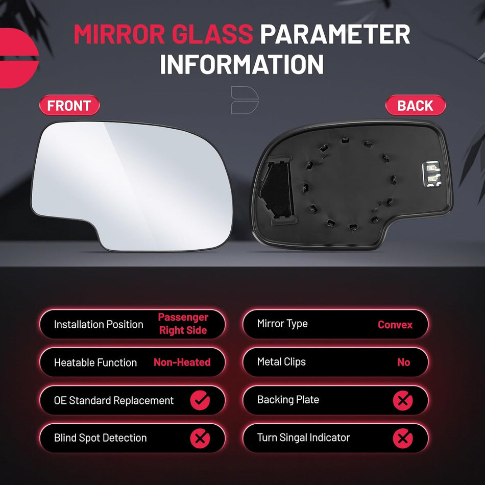 BDFHYK Mirror Glass Compatible with Avalanche Silverado Tahoe Sierra 1500 Escalade Side View Convex Mirror Glass with Rear Holder, Replaces 88986363, Heated (Right Side)