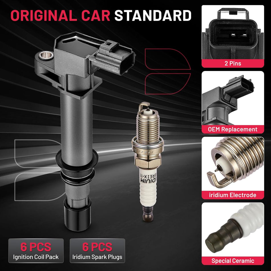 BDFHYK Ignition Coil Pack UF270 and Iridium Spark Plugs 4504 Compatible with Dodge Dakota Durango Nitro Ram 1500 Jeep Commander Grand Cherokee Liberty 3.7L V6, Sets of 6