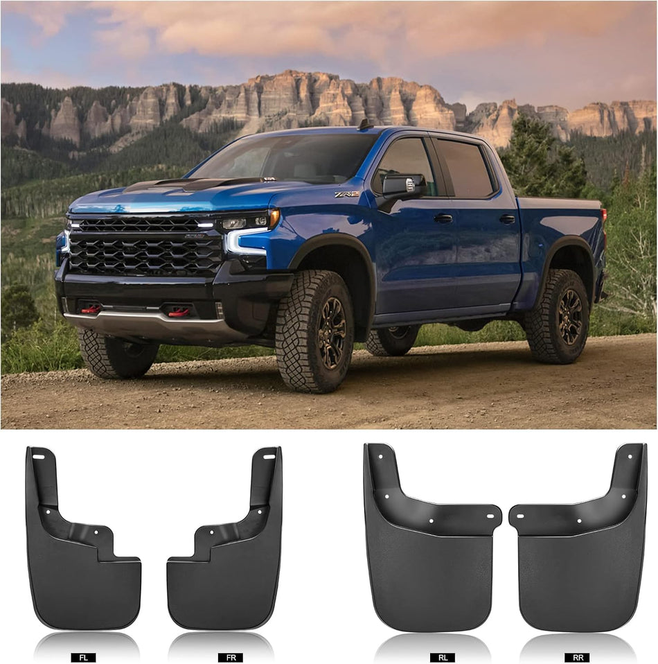 Mud Flaps for Chevy Silverado Sierra 1999–2007, Avalanche Suburban Yukon 2002–2006, Front & Rear 4PCS, With Fender Flares