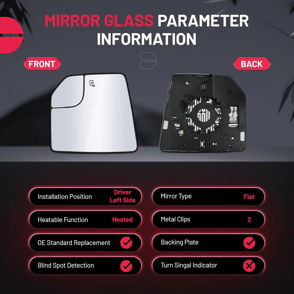 BDFHYK Mirror Glass Compatible with F150 2015-2020 Blind Spot Side View Exterior Mirror w backing plate, FL3Z17K707L, Heated (Left Side)