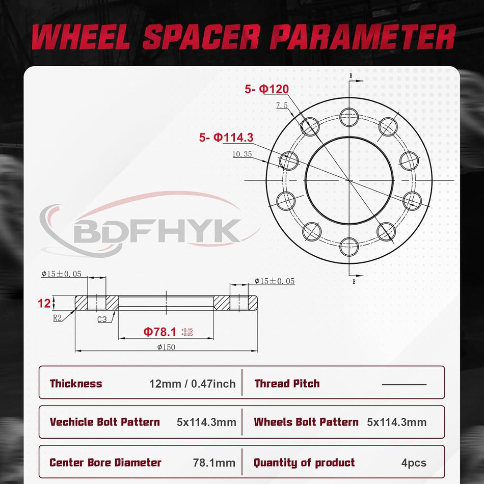 5x120 to 5x114.3 Wheel Adapters 12mm for Ford Lincoln Chevy GMC Cadillac Jeep, 78.1mm Hub Bore, Set of 4