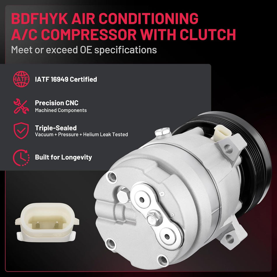 BDFHYK 1135238 A/C Compressor with Clutch For Buick LeSabre, Park Avenue 1996-2005, Riviera 1996-1999, Oldsmobile 88 LSS 1996-1999, Regency 1997-1998