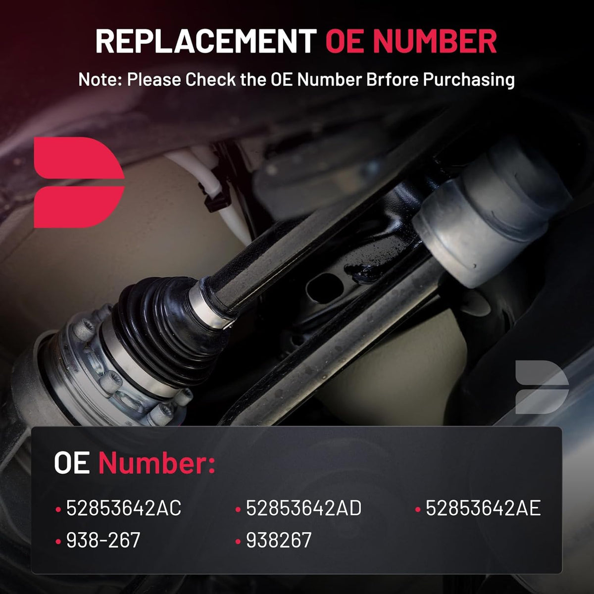 Complete front driveshaft product image for 938-267 application
