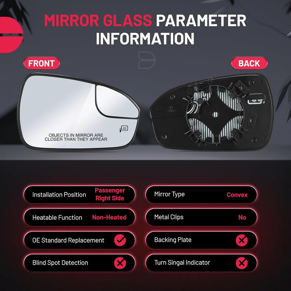 BDFHYK Mirror Glass Compatible with Fusion 2013-2020 Blind Spot Side View Convex Mirror Glass with Rear Holder, Replaces DS7Z17K707B, DS7Z-17K707-B, Heated (Right Side)