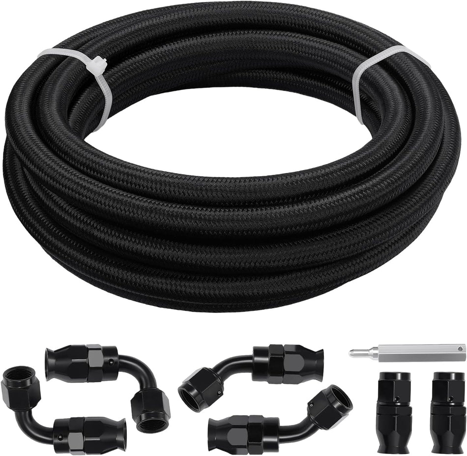 BDFHYK 10FT 5/16" ID PTFE Fuel Line Kit 6AN PTFE Fitting Compatible with E85 Ls Swap Fuel line kit, Nylon Stainless Steel Braided Fuel Hose