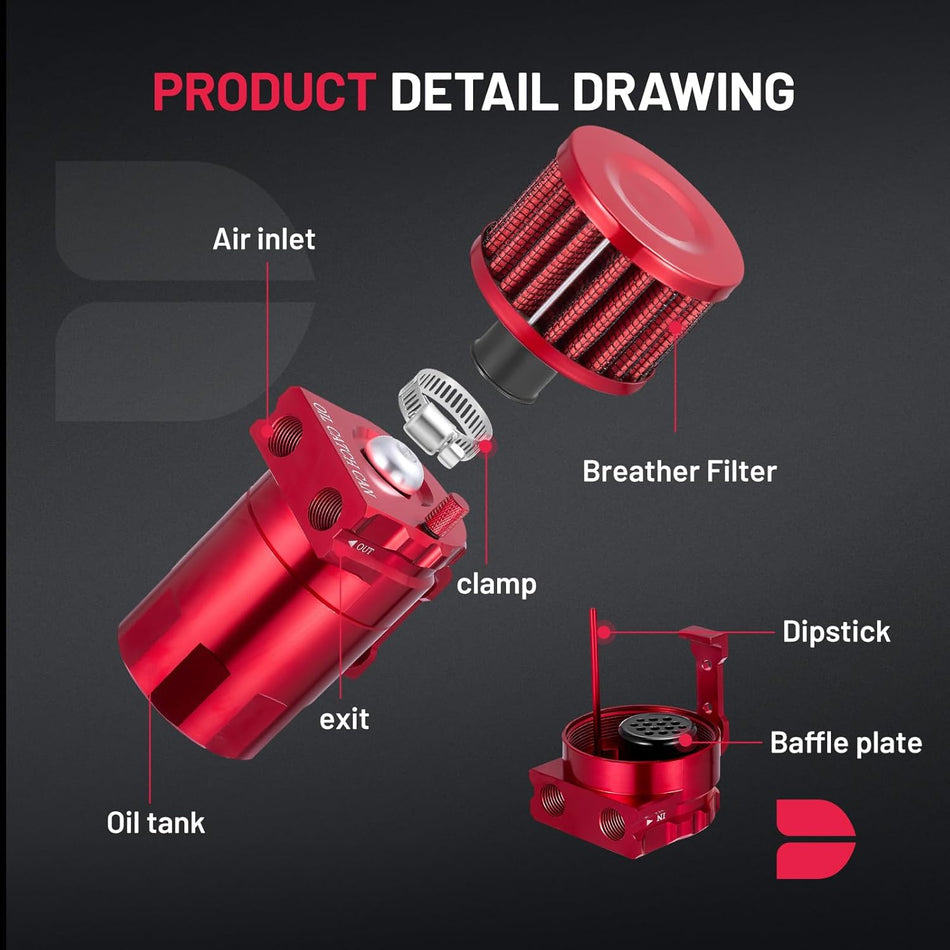 BDFHYK Oil Catch Can Kit, 300ML Baffled Oil Can with Breather Filter, Universal Catch Can Kit with 5FT 3/8" ID NBR Fuel Line Hose for PCV System Red