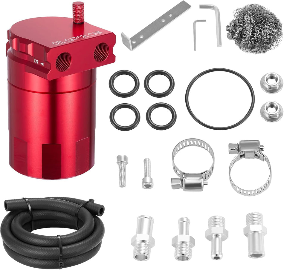 BDFHYK 300ml Oil Catch Can Kit, Universal Baffled Catch Can with 5FT 3/8" ID NBR Fuel Line Hose, Aluminum Air Oil Separator Tank for PCV System, Red