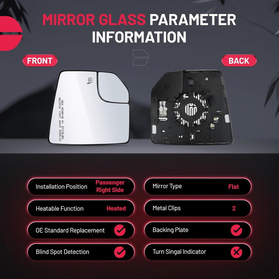 BDFHYK Mirror Glass Compatible with F150 2015-2020 Blind Spot Convex Mirror Glass w backing plate, FL3Z17K707L, Heated (Right Side)