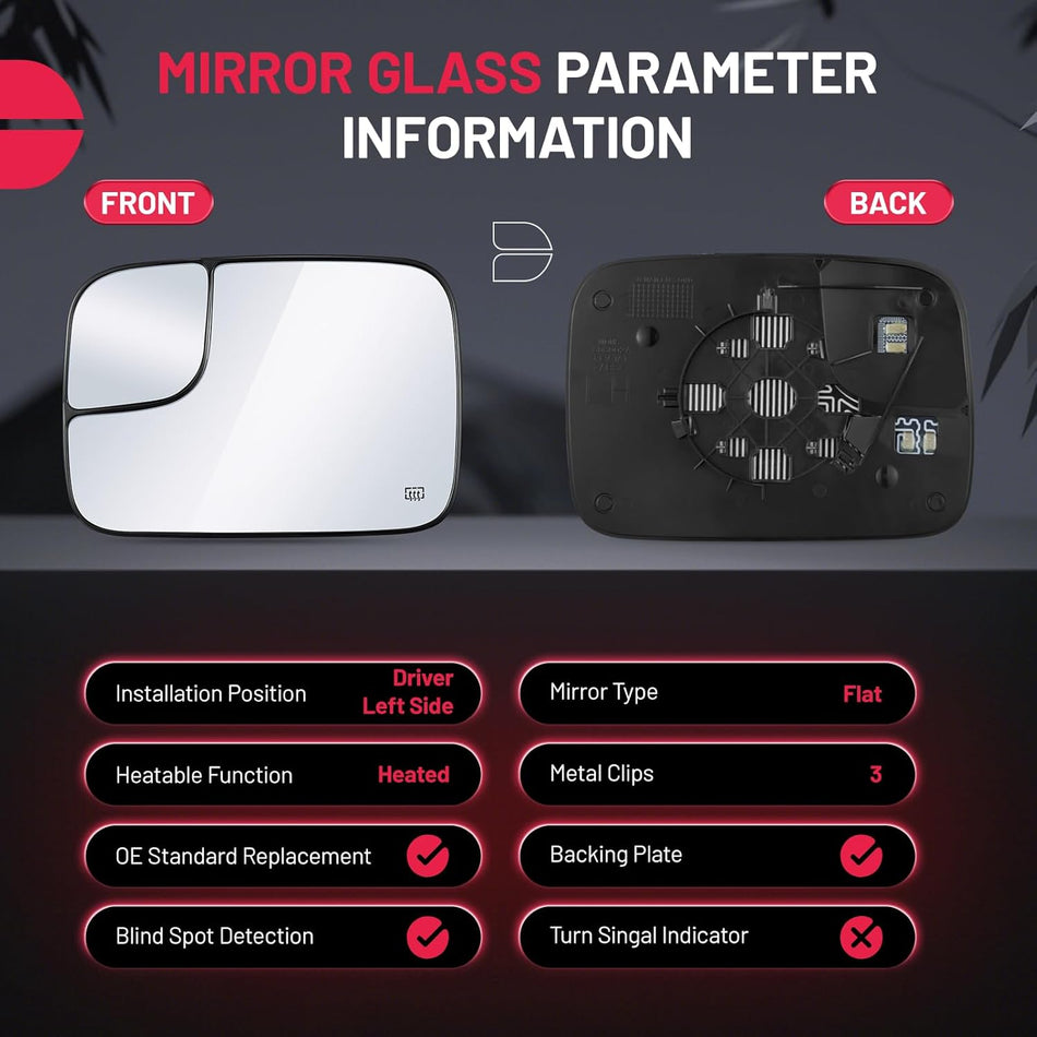 BDFHYK Mirror Glass Compatible with Dodge 2005-2008 Ram 1500 2500 3500 Side View Exterior Mirror with Backing Plate, Replaces 5161011AA CH1324121, Heated (Left Side)