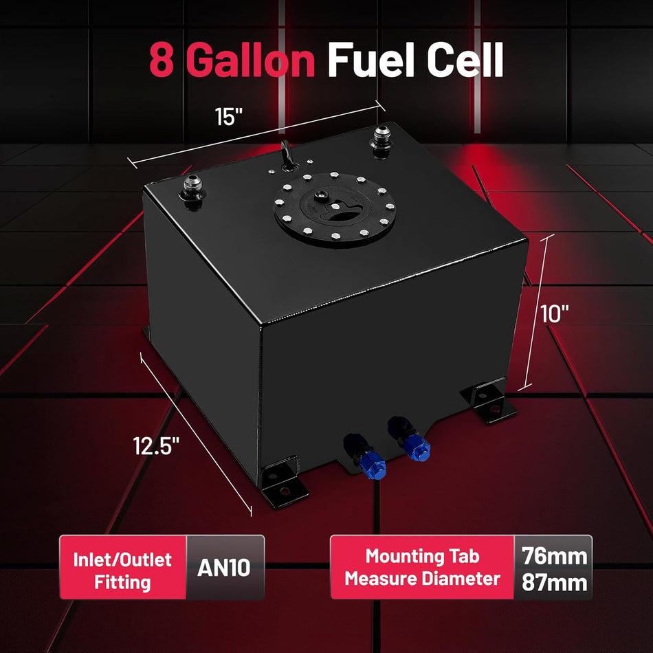 BDFHYK 8 Gallon Fuel Cell Gas Tank Aluminum Polished Black with Level Sender 15" (L) x 12.5" (W) x 10" (H) Racing Street Drift Strip Fuel Tank Fuel Cap