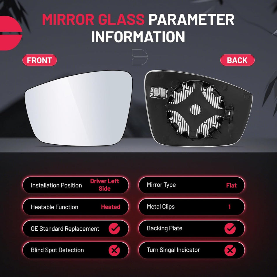 BDFHYK Mirror Glass Compatible With VW 2012-2015 Passat Convex rear view mirror with backing plate 561857522A, 5C6857522A, Heated (Left Side)