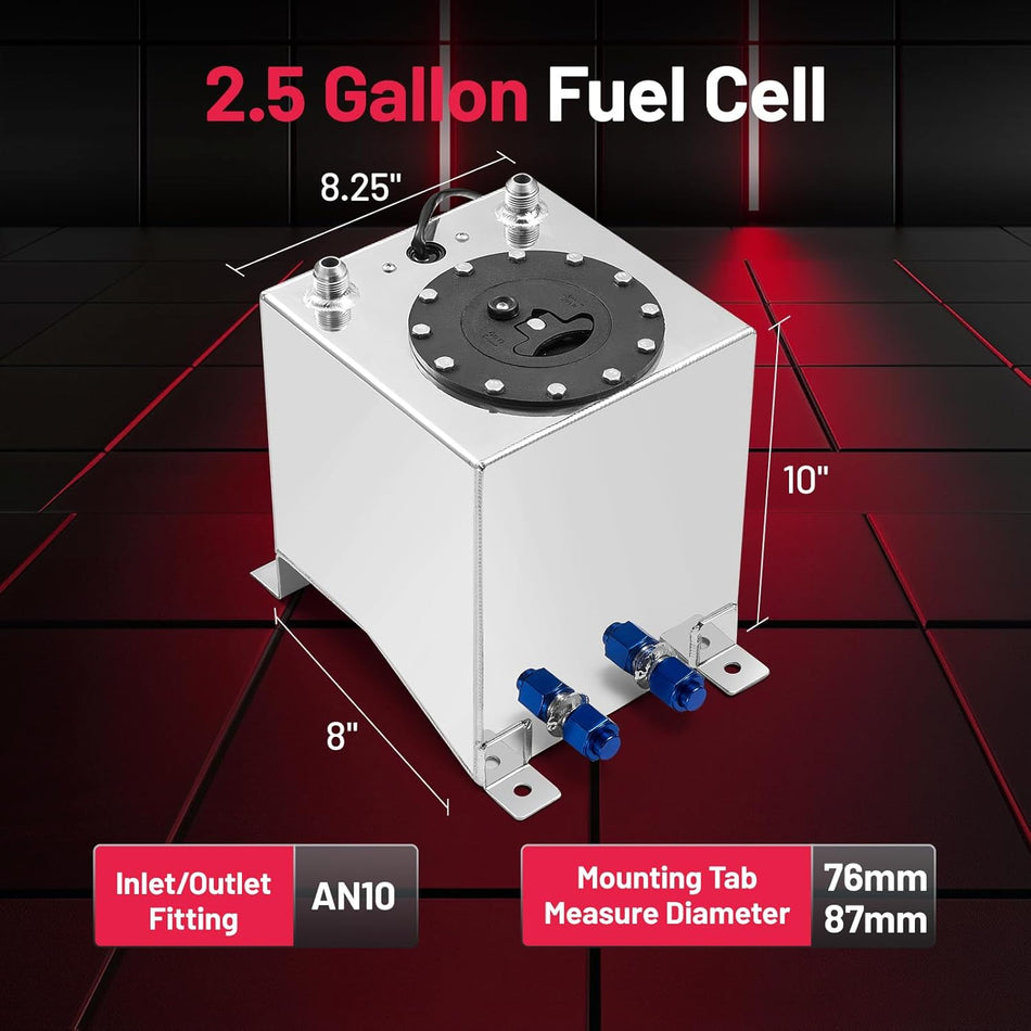 BDFHYK 2.5 Gallon Fuel Cell Gas Tank Aluminum Polished Sliver with Level Sender 8" (L) x 8.25" (W) x 10" (H) Racing Street Drift Strip Fuel Tank Fuel Cap