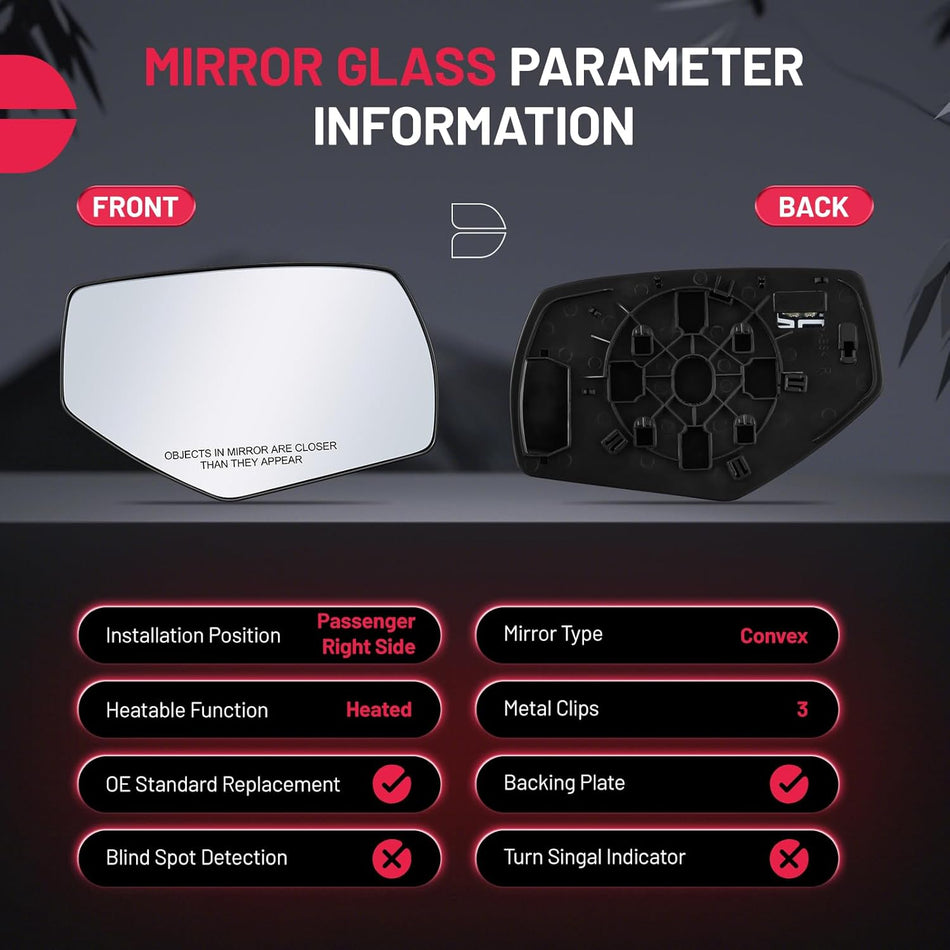 BDFHYK Mirror Glass Compatible with Chevy Silverado, Compatible with GMC Sierra 1500 2500HD 3500HD Side View Exterior Mirror with Backing Plate, GM1325145 22919746, Heated (Right Side)