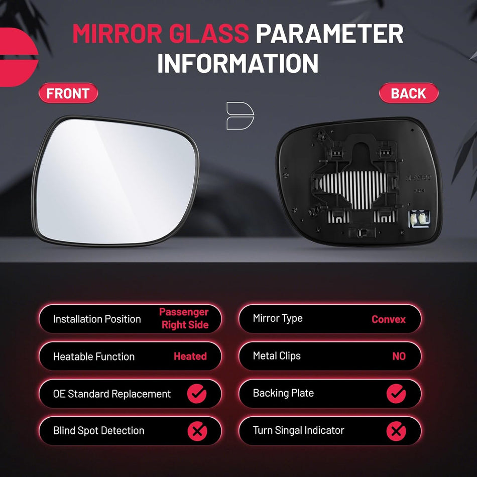 BDFHYK Mirror Glass Compatible with Lexus 2004-2006 RX330, 2007-2009 RX350, 2006-2009 RX400h Side View Exterior Mirror with Backing Plate, Heated (Right Side)