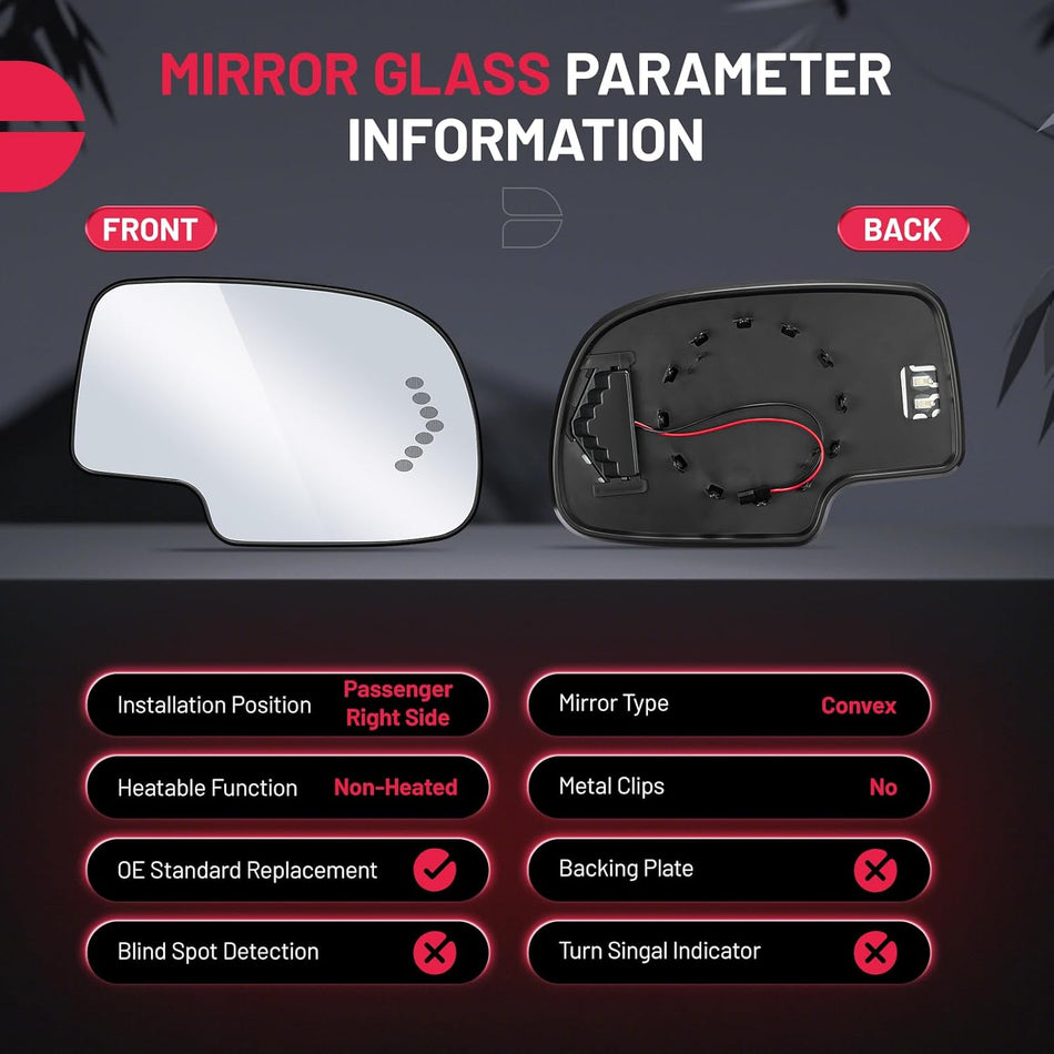 BDFHYK Mirror Glass Compatible with Silverado Suburban Tahoe Sierra Yukon 1500 Avalanche Escalade with Arrow Signal Exterior Mirror, Replaces 88944392, Heated(Right Side)