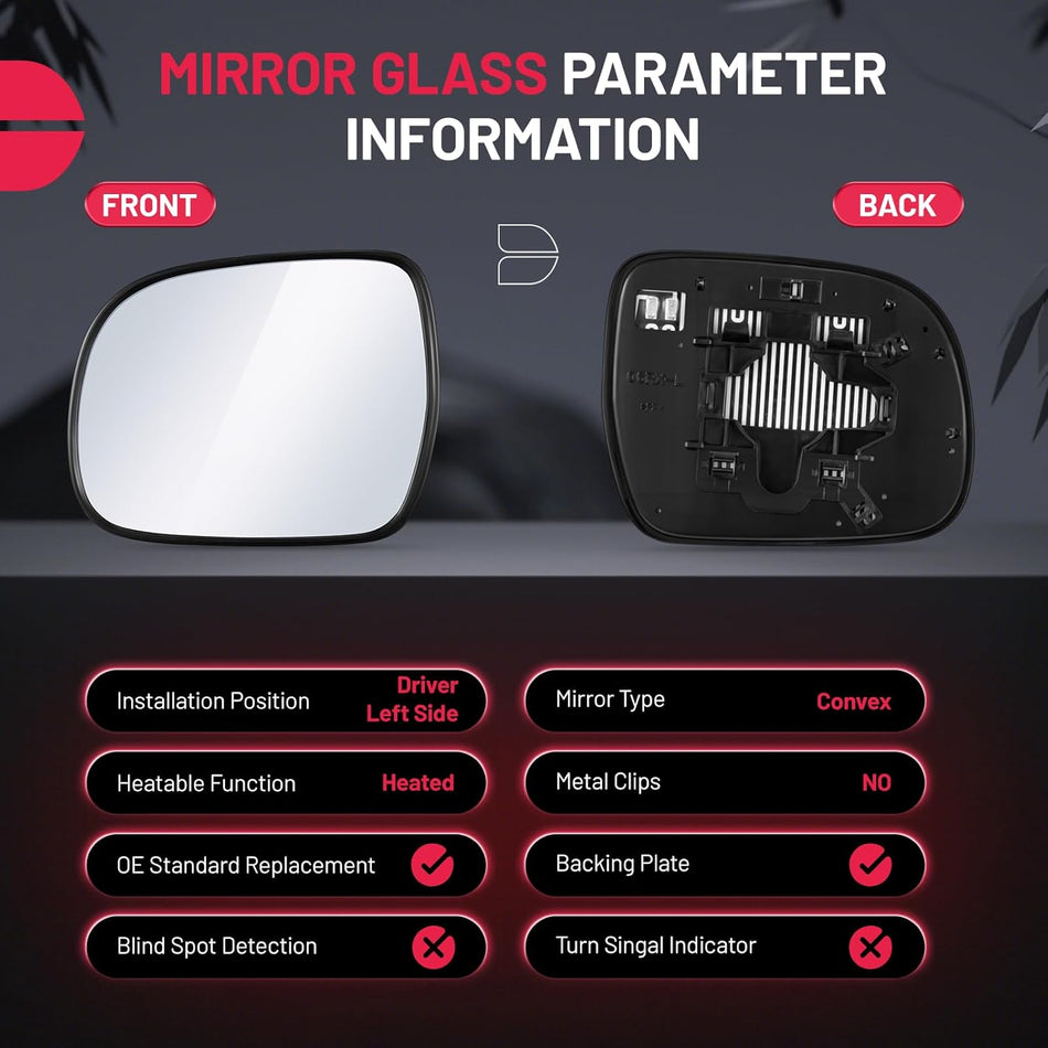 BDFHYK Mirror Glass Compatible with Lexus 2004-2006 RX330, 2007-2009 RX350, 2006-2009 RX400h Side View Exterior Mirror with Backing Plate, Heated (Left Side)