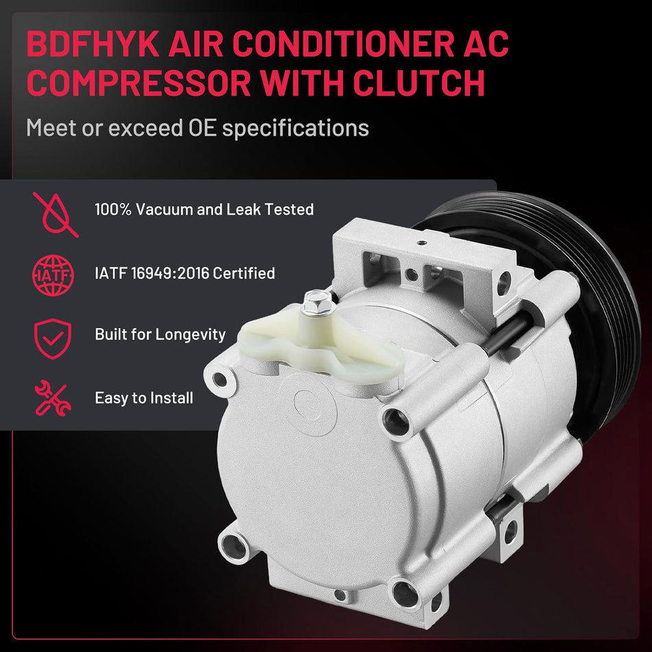 BDFHYK A/C Compressor with Clutch For Ford F-150 1997-2006, F-150 Heritage 2004 4.2L, Replacement F65Z19V703J F6LZ19703AA 4L3Z19703AA